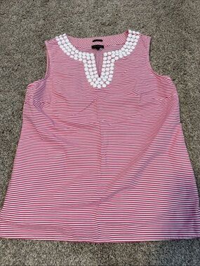 Talbots V-Neck Beaded Sleeveless Blouse, pink and white striped, Sz.4